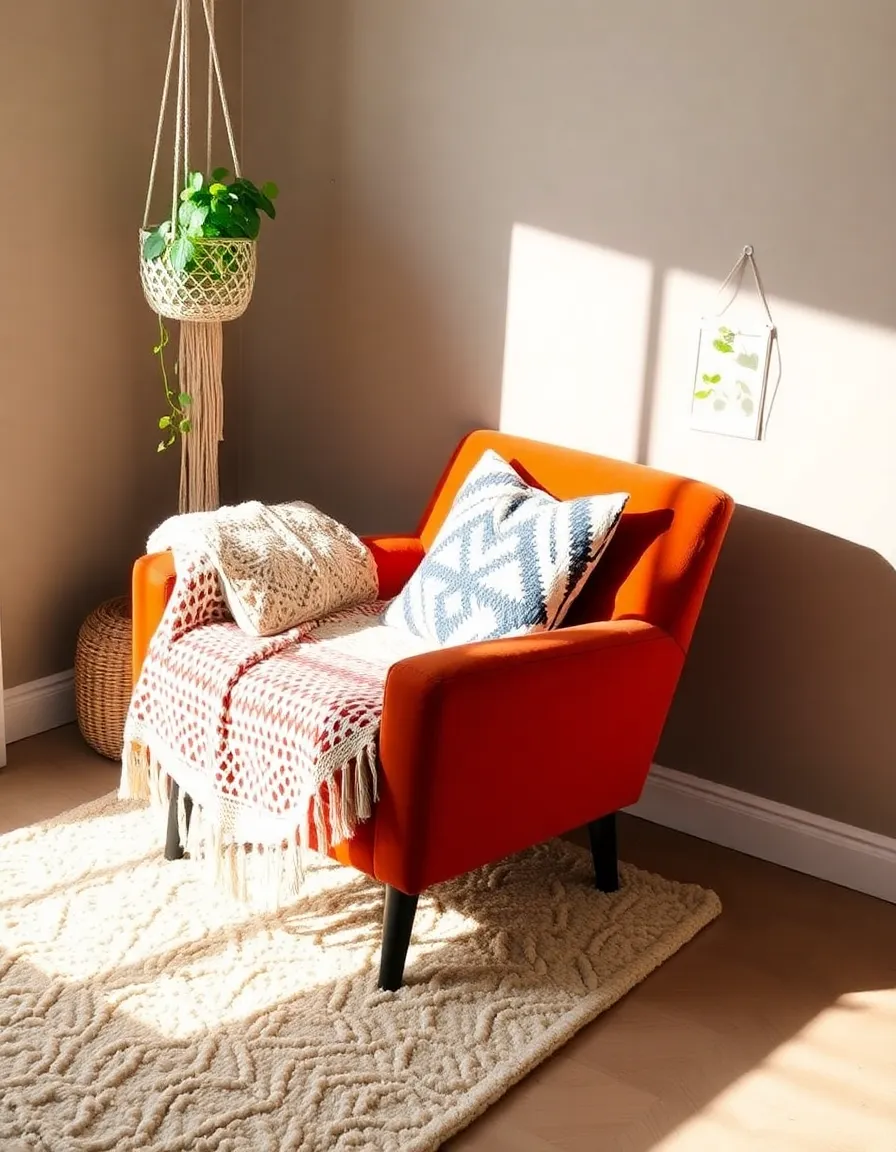 A cozy reading nook with a burnt orange velvet armchair, layered with a crochet throw blanket and geometric-print pillows. A shag rug in cream tones sits beneath the chair, and a macramé plant hanger with a trailing pothos adds a boho touch. Sunlight streams through a nearby window, casting warm shadows.</p>