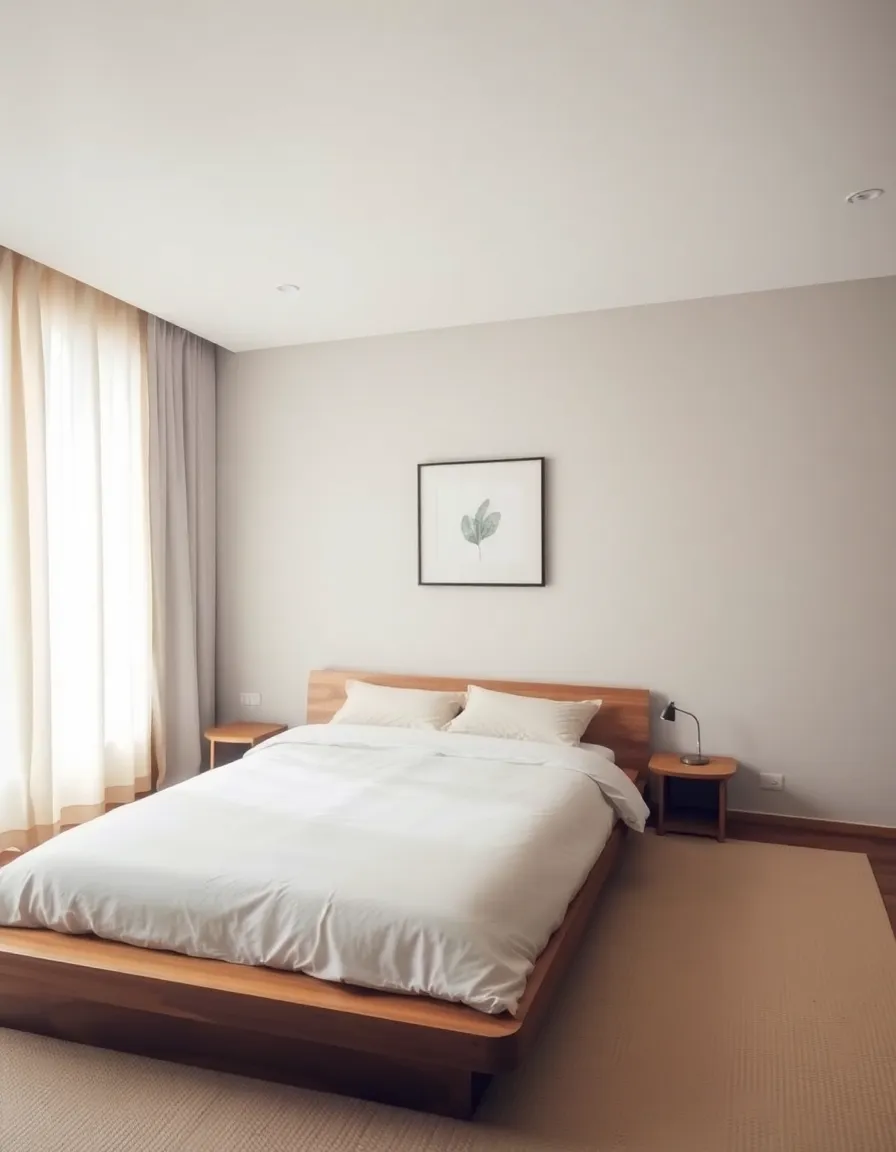 A Japandi-style bedroom with a low wooden platform bed, linen curtains, and a single minimalist artwork.