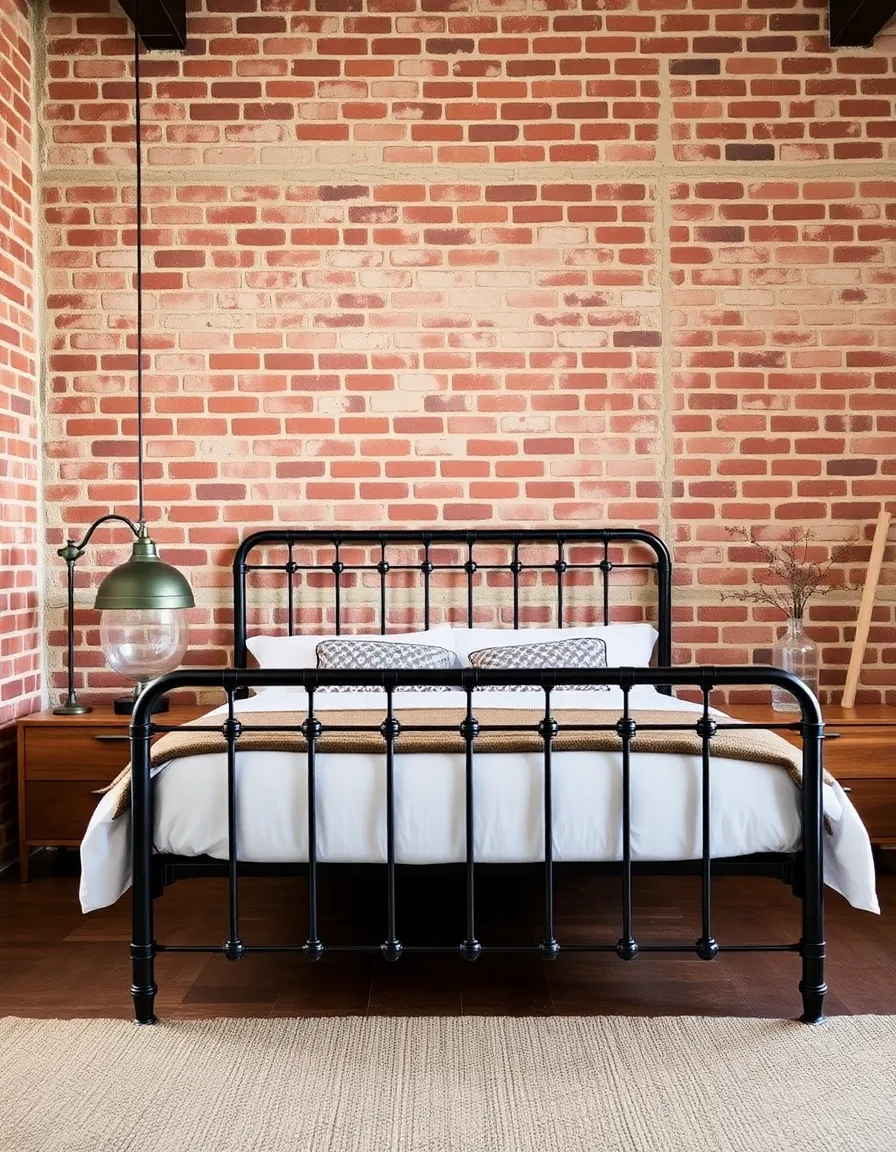 An industrial-style bedroom with exposed brick walls, a metal bed frame, and warm wood nightstands.