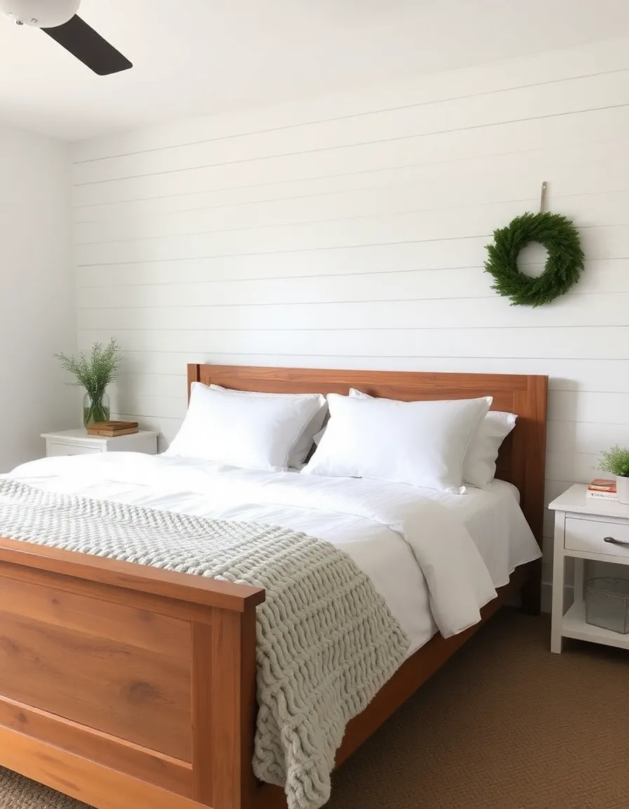 A farmhouse-style bedroom with white shiplap walls, a wooden bed frame, and a chunky knit blanket.