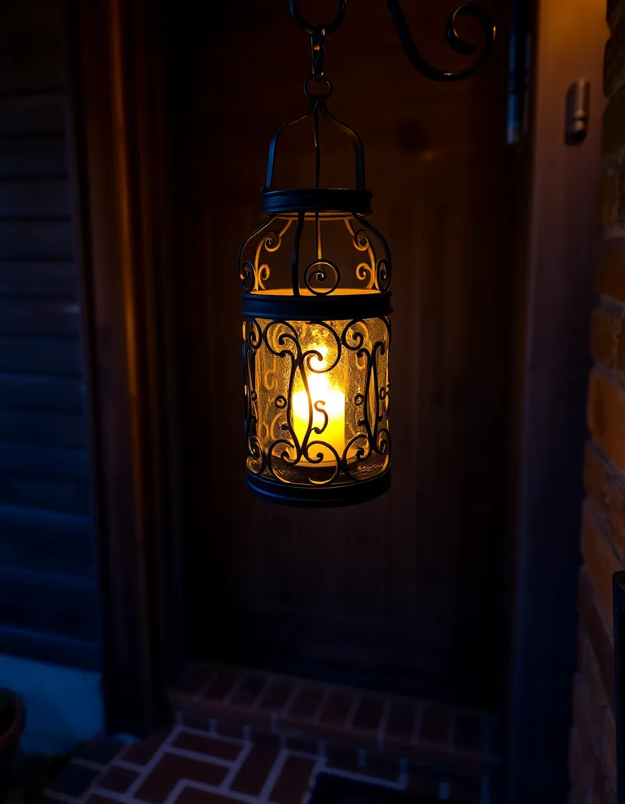 A wrought iron lantern hanging beside a rustic wooden front door, casting a warm, golden glow on the brick pathway below. The lantern has intricate scrollwork details and seeded glass panels, with a flickering LED candle inside. Late evening light bathes the scene in a soft blue hue, creating a cozy yet dramatic effect.