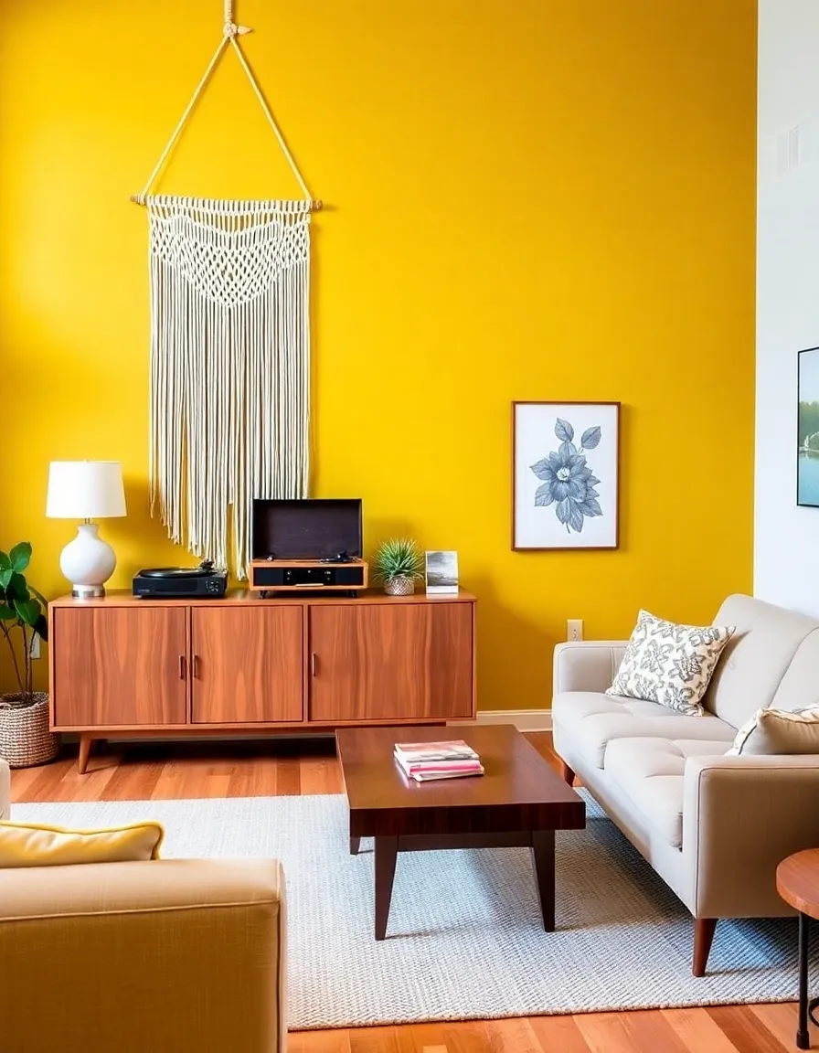 A living room with a bold, 70s-inspired accent wall in a deep mustard yellow. The wall features a large macramé hanging and a vintage record player on a mid-century modern console. The rest of the room has neutral-toned furniture—a beige sofa and a wooden coffee table—to balance the vibrancy of the wall.</p>