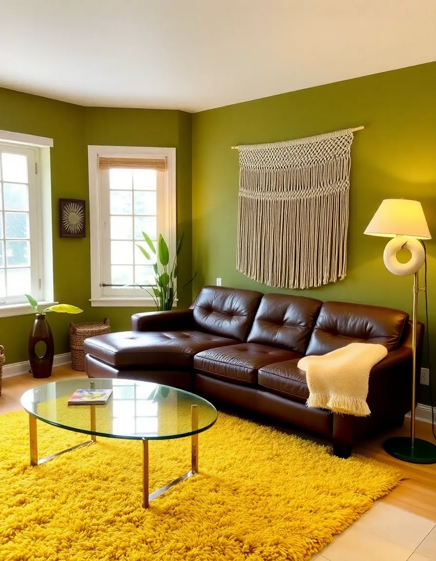 A sunken living room with a curved, chocolate-brown leather sofa, a kidney-shaped glass coffee table, and a shag rug in mustard yellow. A macramé wall hanging adds texture, while a floor lamp with a wavy, organic base casts a warm glow. The walls are painted in a muted avocado green.</p>