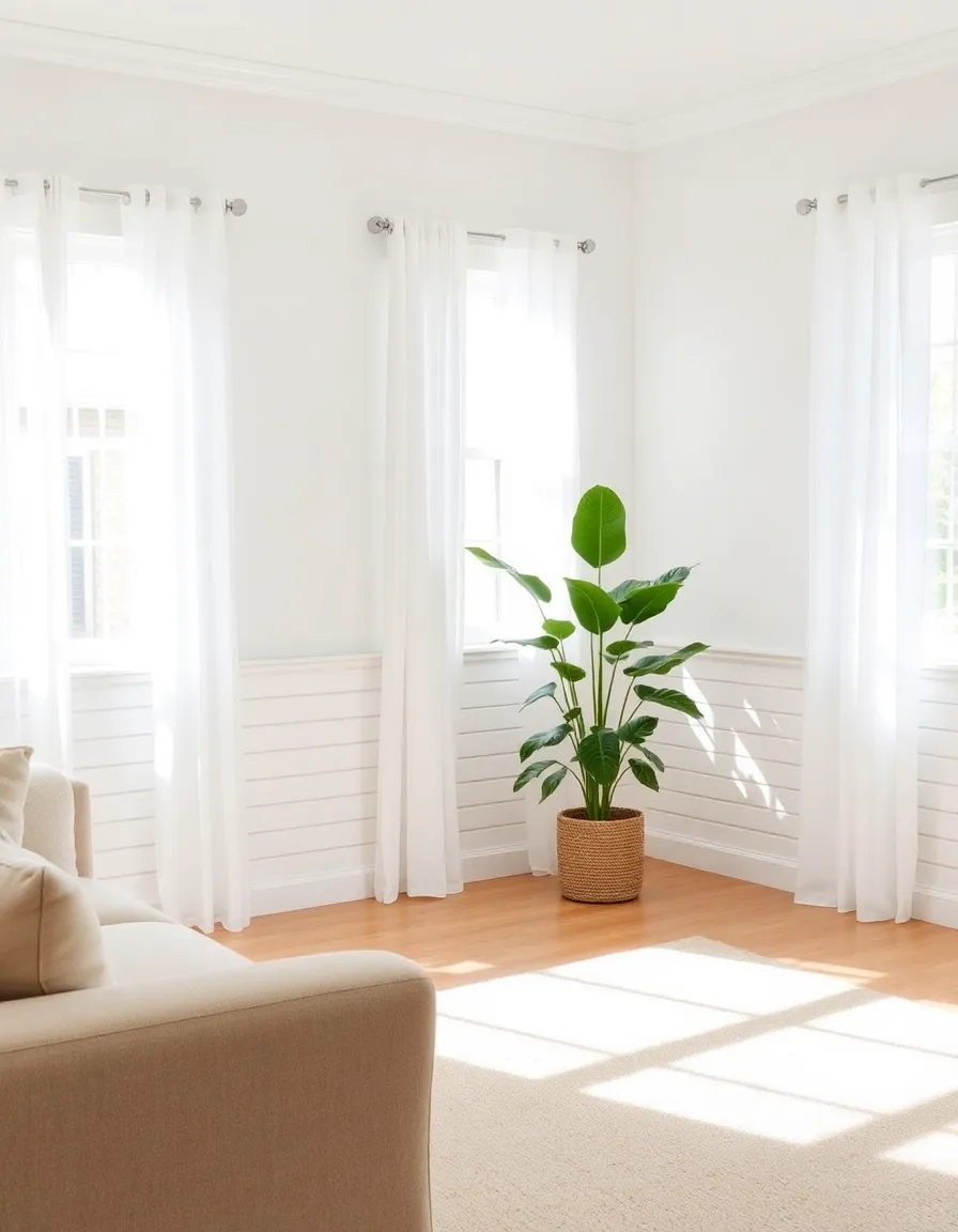 A bright, airy living room with white shiplap paneling covering the lower half of the walls, paired with a cozy neutral sofa and a large leafy green plant in the corner. Sunlight streams through sheer curtains, casting soft shadows on the textured surface.</p>
