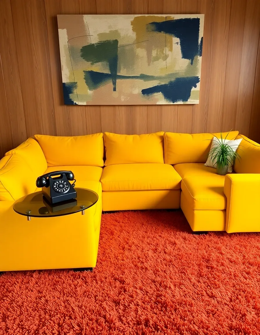 A modular sectional sofa in deep mustard yellow, arranged in a loose L-shape on a rust-colored shag rug. The individual pieces are slightly askew, giving the setup a relaxed, “lived-in” feel. A smoked glass side table holds a vintage rotary phone and a potted spider plant. The background features a wood-paneled wall with a large, abstract oil painting.</p>