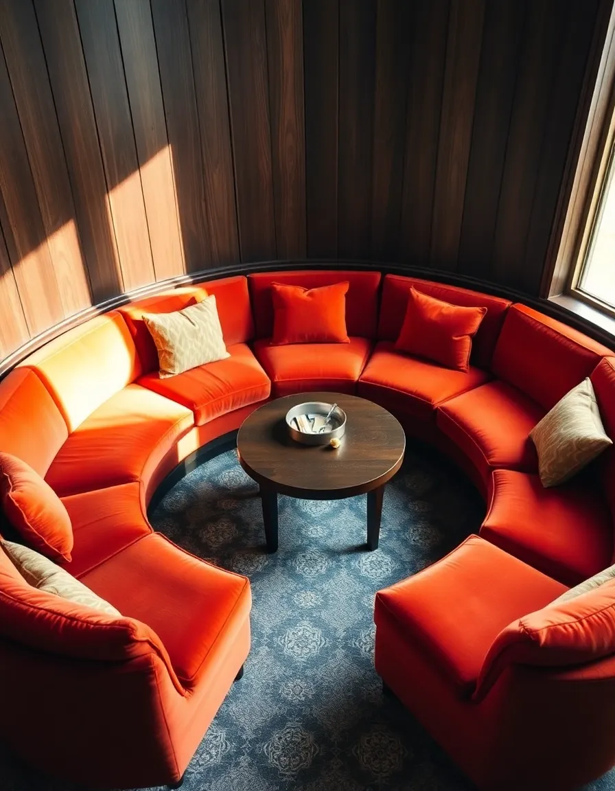 A sunken conversation pit with a circular, built-in sofa upholstered in burnt orange velvet. A round, wooden coffee table sits in the center, topped with a vintage ashtray and a stack of 70s magazines. The walls are lined with dark wood paneling, and a geometric-patterned rug ties the space together.</p>