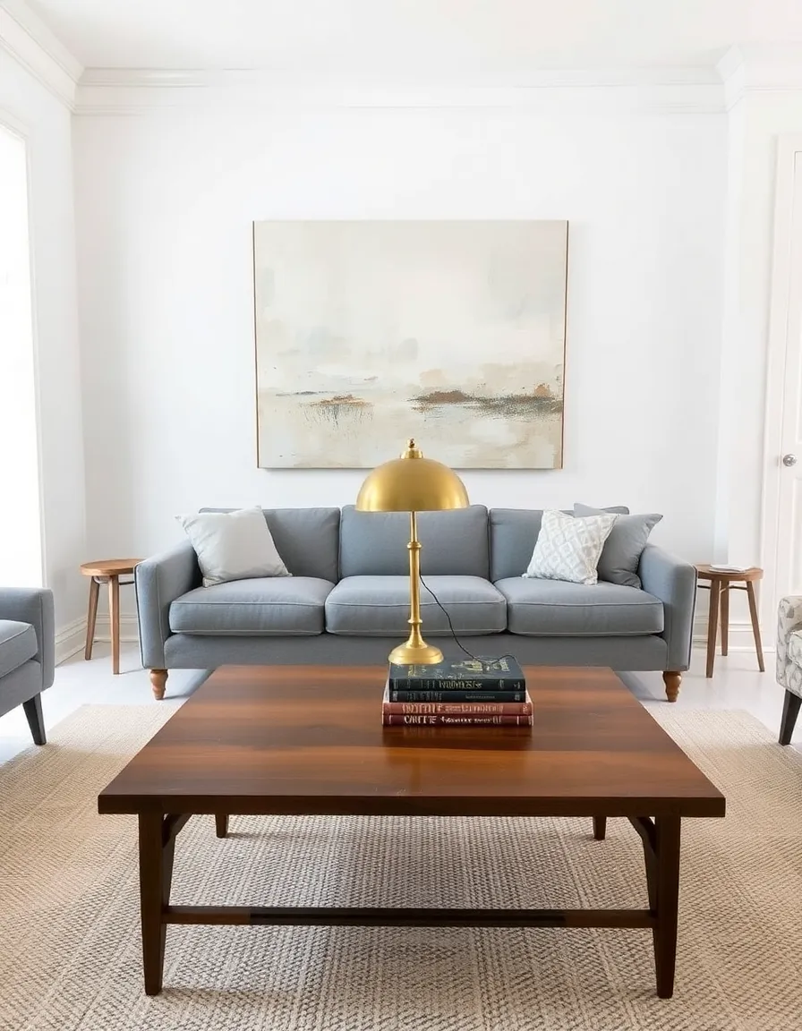 A bright, airy living room with white walls and a modern gray sofa. A vintage wooden coffee table sits in the center, topped with a mid-century brass lamp and a stack of old books. A large abstract painting in muted tones hangs above the sofa, tying the look together.</p>