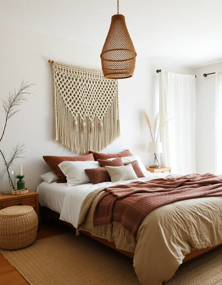 A bohemian neutral bedroom with layered textiles, a macramé wall hanging, and a rattan pendant light.