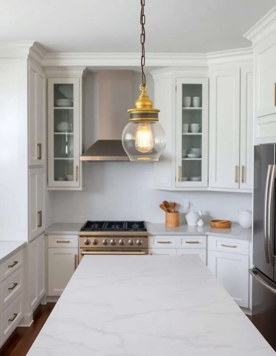 A contemporary kitchen with white cabinetry and stainless steel appliances. A vintage-style glass pendant light with brass details hangs over the marble-topped island. The contrast between the modern kitchen and the old-world lighting creates a perfect balance.</p>