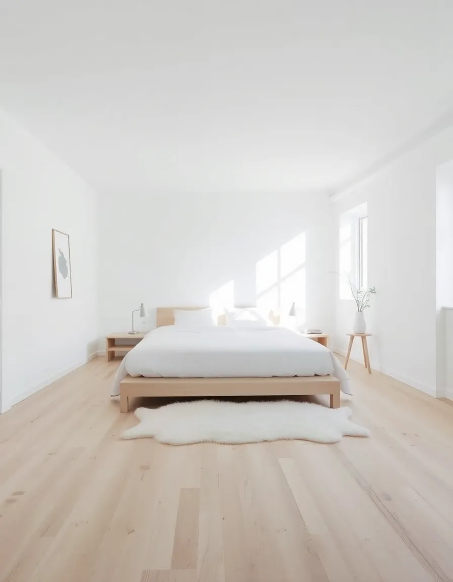 A minimalist Scandinavian bedroom with white walls, light wood floors, a simple platform bed, and a sheepskin rug.