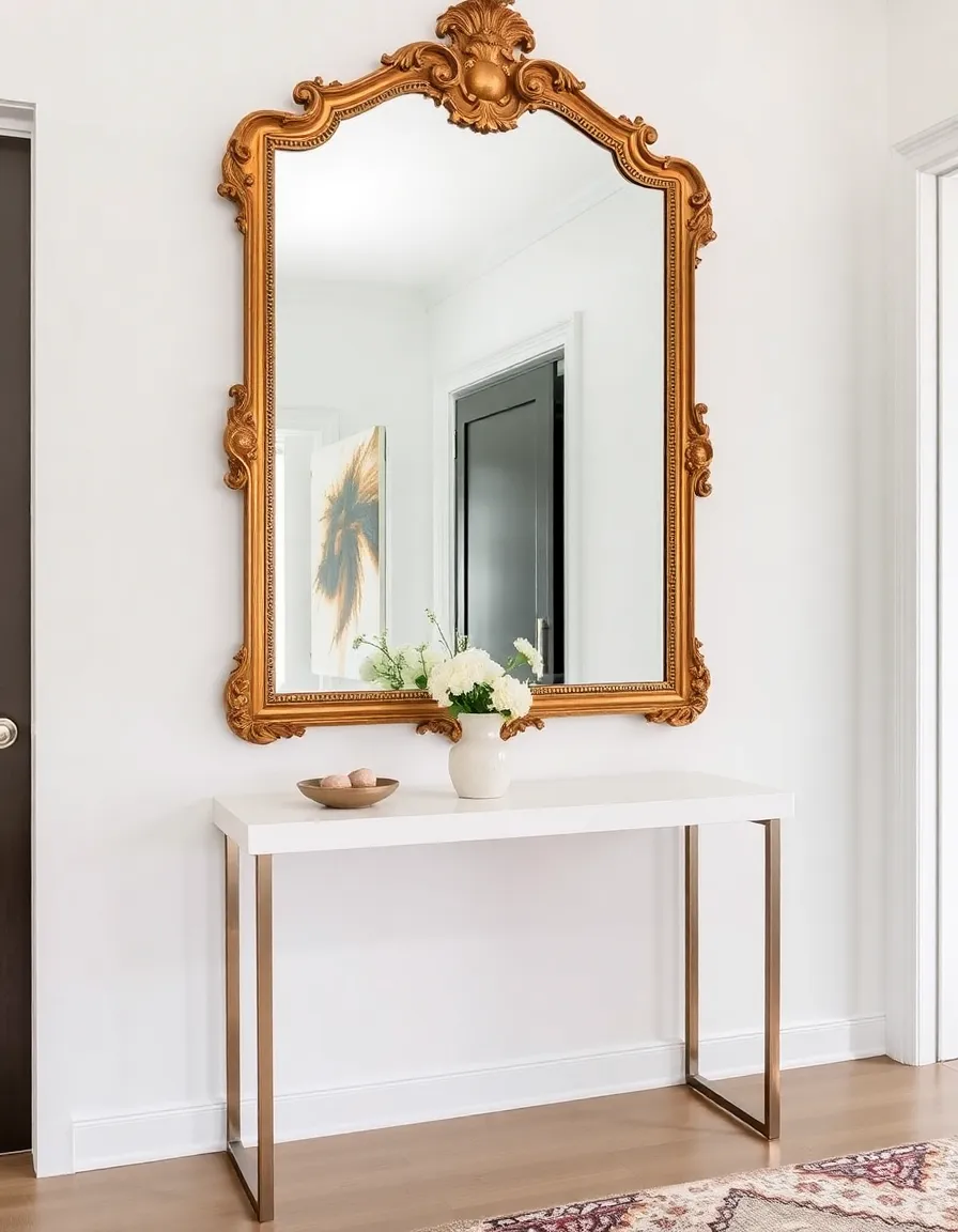 A sleek modern entryway with a slim white console table. Above it hangs a large, ornate vintage gilt-framed mirror reflecting light. A small ceramic vase with fresh flowers sits on the table, adding a touch of softness. The mirror is the undeniable star of the space.</p>
