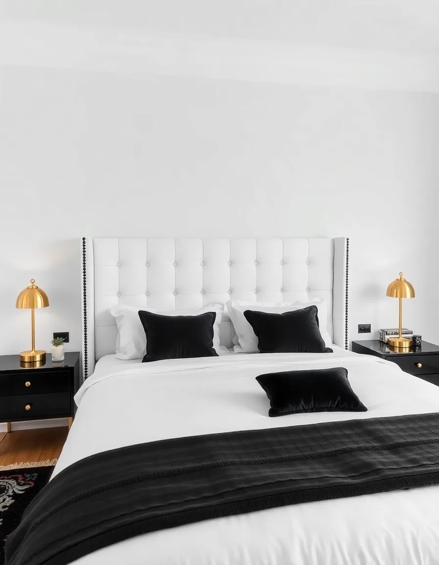 A modern monochrome bedroom with a black-and-white color scheme, a tufted headboard, and brass bedside lamps.