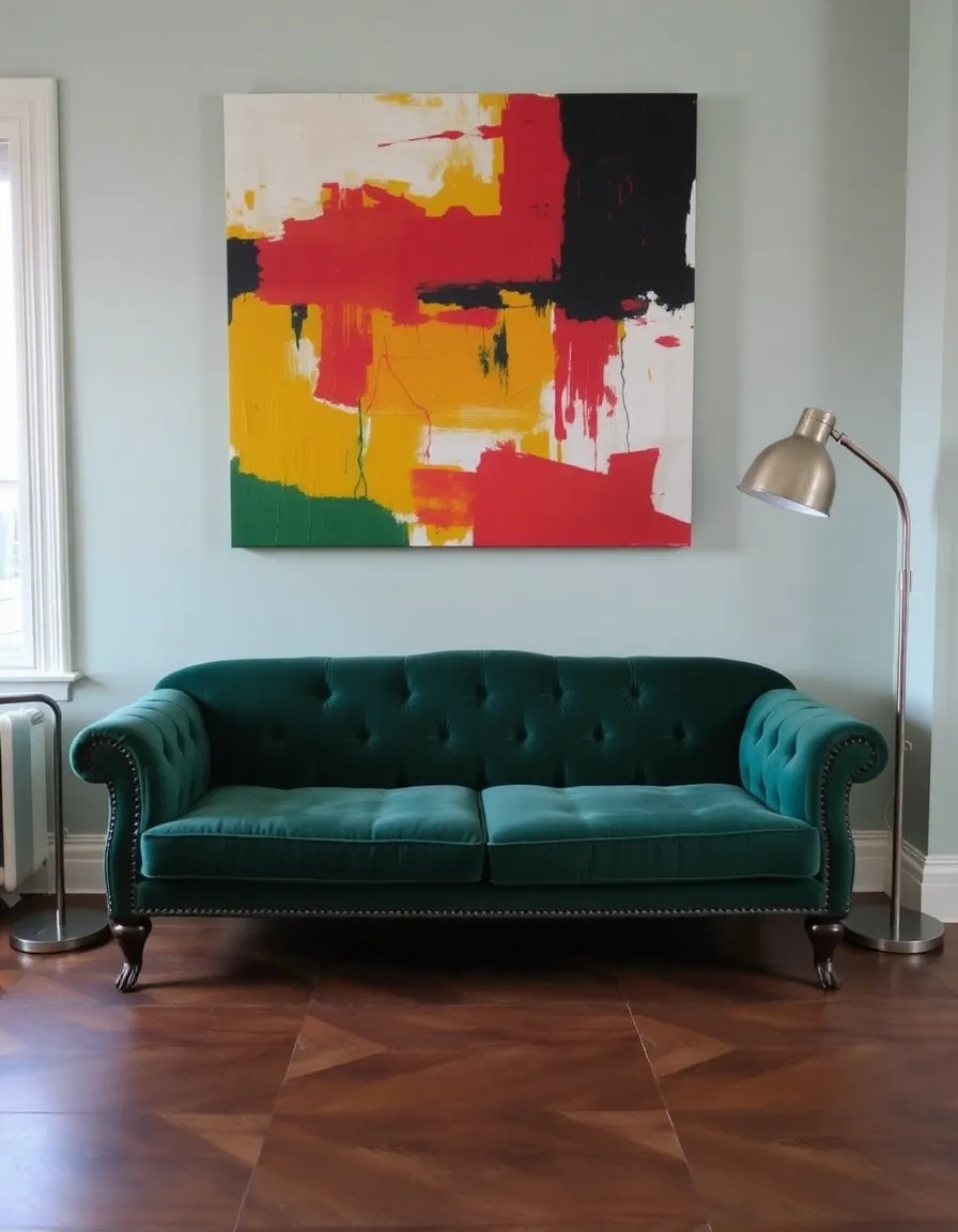A cozy sitting room with a vintage velvet sofa in emerald green. A large, vibrant modern abstract painting in bold brushstrokes hangs above it. A sleek metal floor lamp stands nearby, blending the old and new effortlessly.</p>