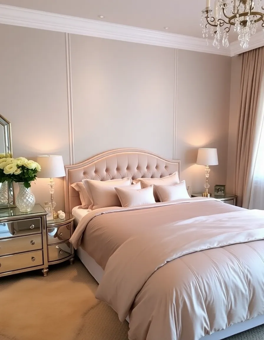 A soft glam bedroom with a velvet headboard, mirrored furniture, and champagne-toned bedding.