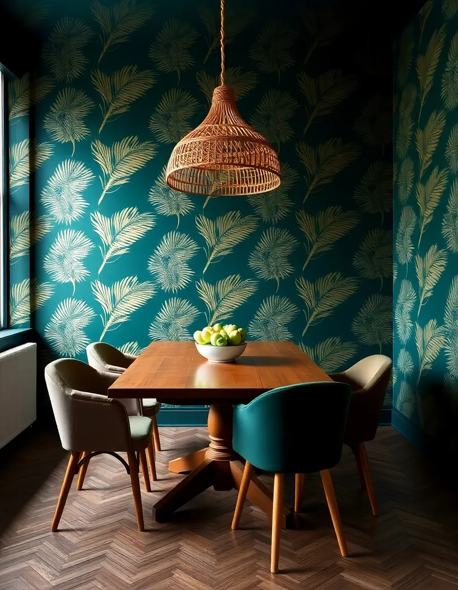 A moody, eclectic dining room with deep emerald-green wallpaper featuring oversized gold palm leaves. A vintage wooden table sits centered under a rattan pendant light, with mismatched velvet chairs adding contrast. The wallpaper’s sheen catches the light, creating a luxe yet inviting vibe.</p>