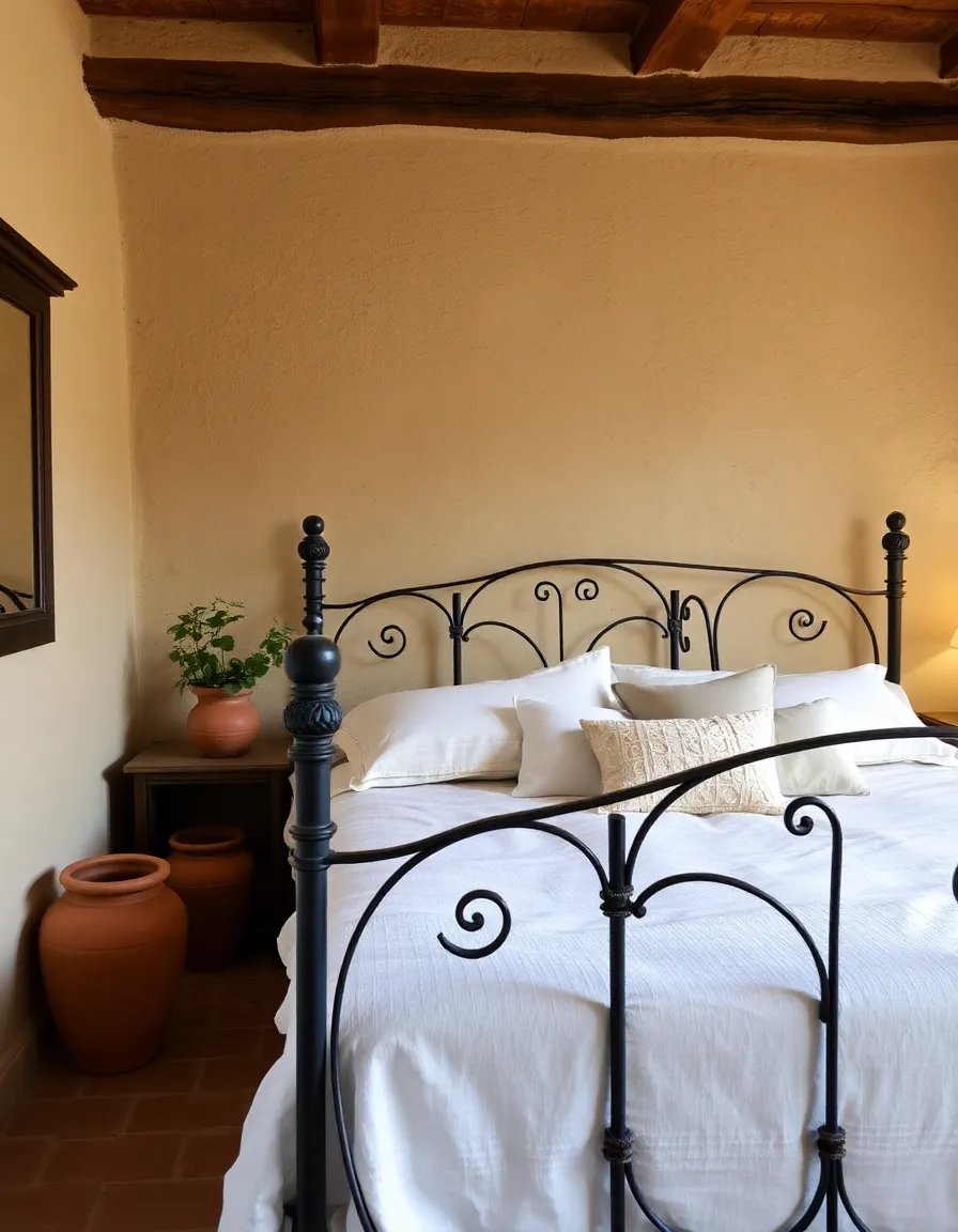 A rustic Tuscan bedroom with a wrought-iron bed, linen bedding, terracotta pots, and soft golden lighting.
