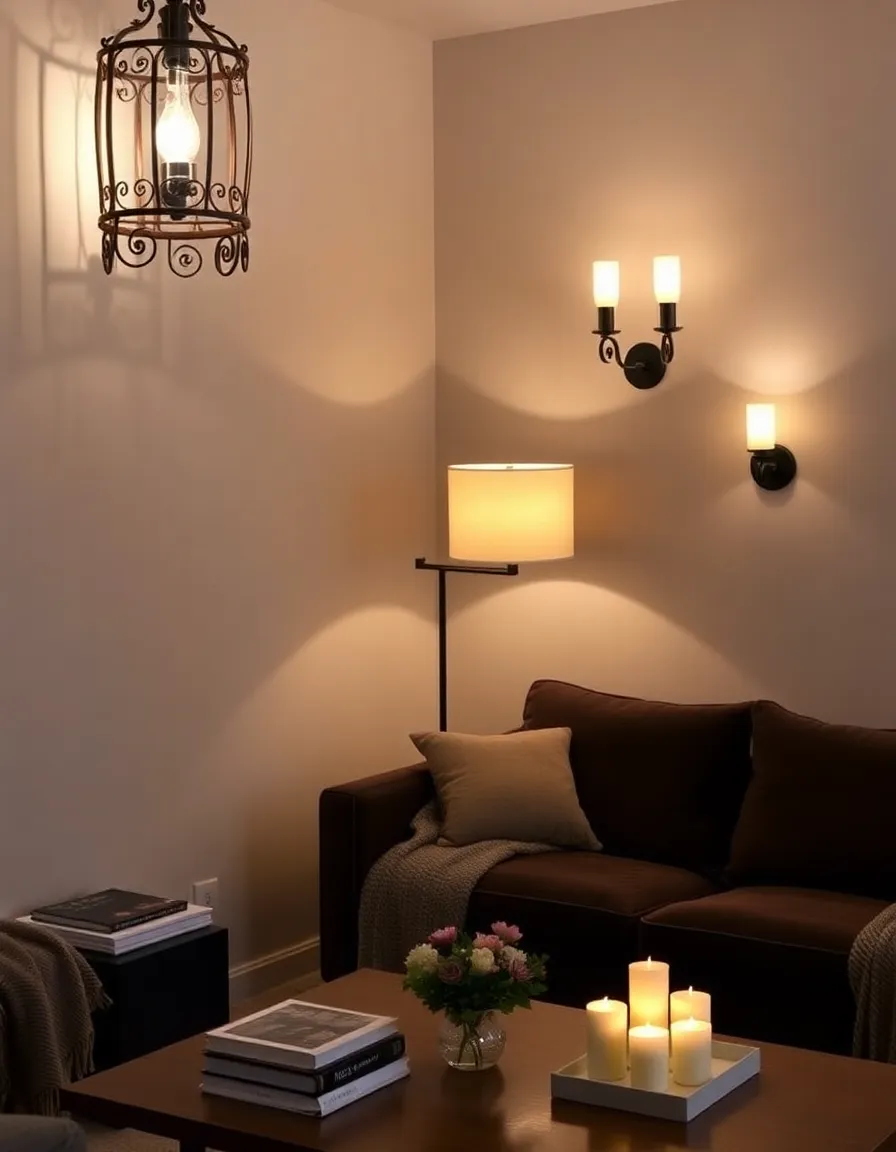 A cozy living room at dusk, with layered lighting creating a warm, inviting atmosphere. A wrought iron lantern hangs in the corner, casting intricate shadows on the wall, while two wall sconces with fabric shades glow softly above a velvet sofa. A floor lamp with a dimmer provides additional light, and a cluster of candles flickers on the coffee table. The room is styled with textured throws, a stack of books, and a single vase of fresh flowers.