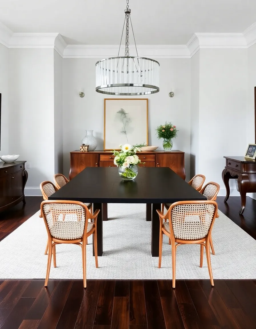 A dining area with a long, modern black walnut table surrounded by four delicate vintage cane-back chairs. A statement modern chandelier hangs above, while a vintage sideboard with curved legs sits against the wall. The contrast in scale feels deliberate and stylish.</p>