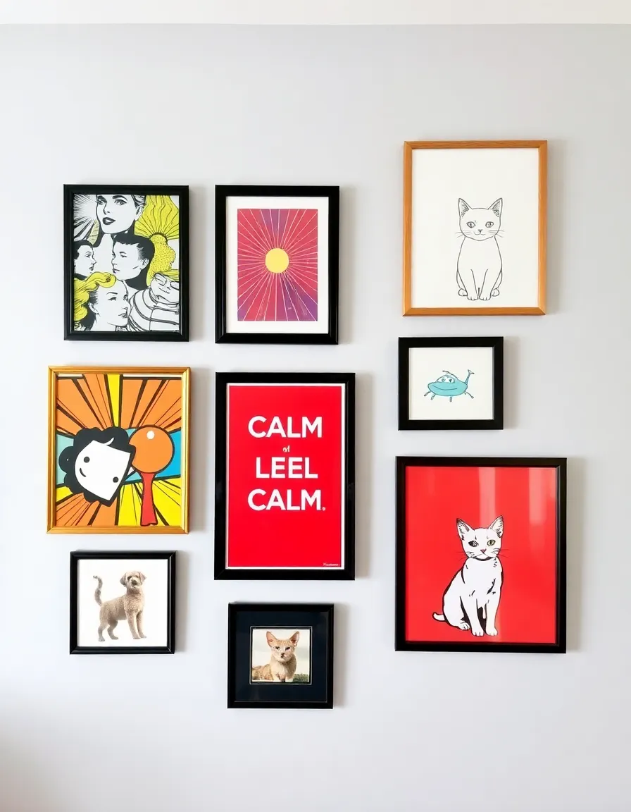 A vibrant, eclectic gallery wall in a modern apartment, featuring a mix of pop art prints—think bold Lichtenstein-style comic panels, a retro “Keep Calm” parody, and a minimalist line-drawing of a cat. The frames are a mix of black, gold, and natural wood, hung in an asymmetrical layout against a light gray wall.</p>