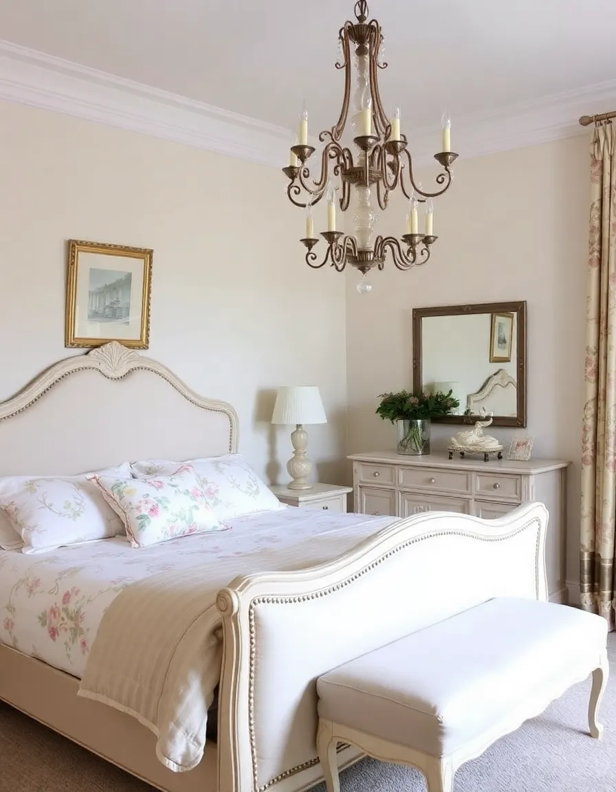 A French country bedroom with a cream upholstered bed, floral bedding, and a vintage chandelier.