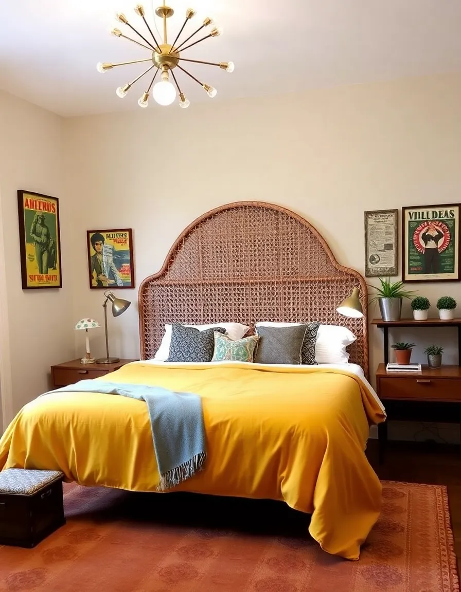 A eclectic 70s-inspired bedroom with a rattan headboard and a mustard yellow duvet cover. A sputnik chandelier hangs above the bed, casting a warm glow. Nightstands feature retro mushroom lamps, and the walls are adorned with framed vintage concert posters. A few potted plants sit on a floating shelf, adding a touch of greenery.</p>