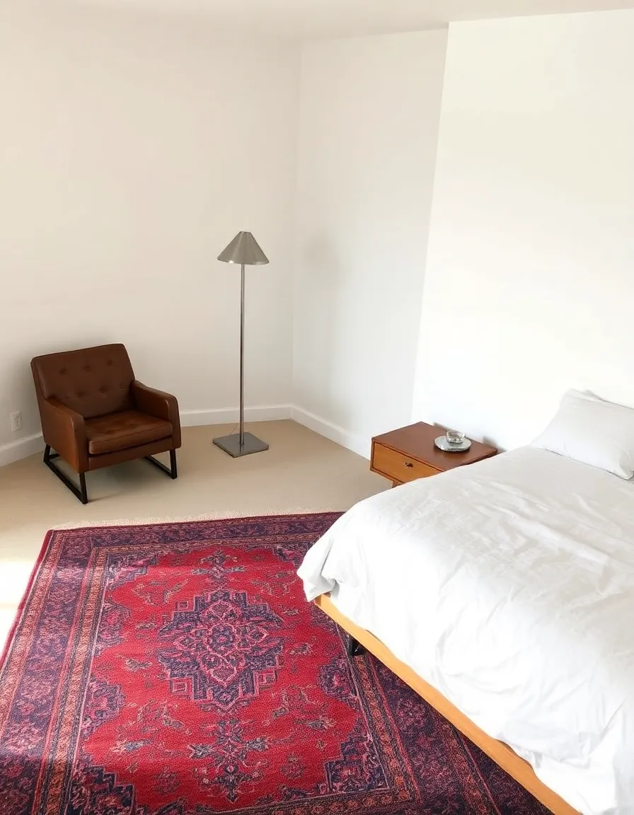 A minimalist bedroom with a low-profile modern bed dressed in crisp white linens. A vintage Persian rug in deep reds and blues stretches beneath, adding warmth. A weathered leather armchair sits in the corner, next to a sleek metal floor lamp. The mix of textures creates a balanced, inviting vibe.</p>
